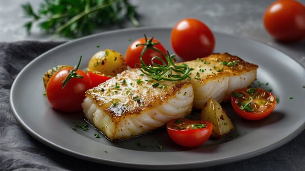 Grilled fish fillet with tomatoes and herbs on a gray plate photo