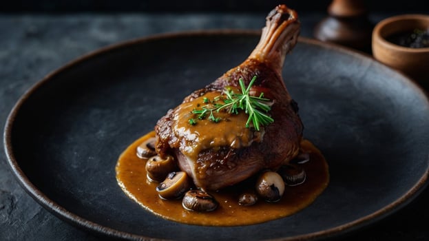 A dish of meat with sauce on a black plate photo