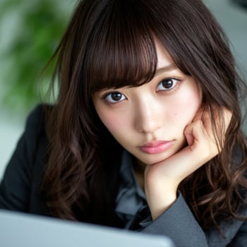 Young professional woman thoughtfully working at her desk photo