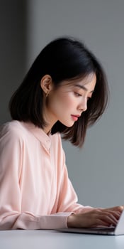 Young woman focused on laptop in modern workspace photo