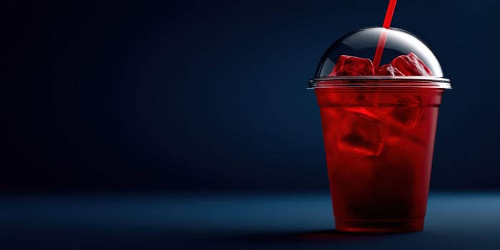 Refreshing red drink in clear cup with ice and straw photo