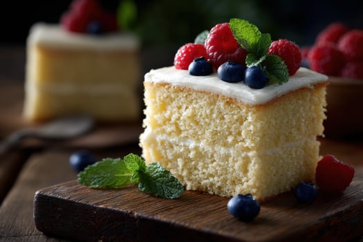 A piece of cake with cream frosting and berries photo