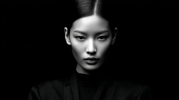 Model poses dramatically against a dark backdrop photo