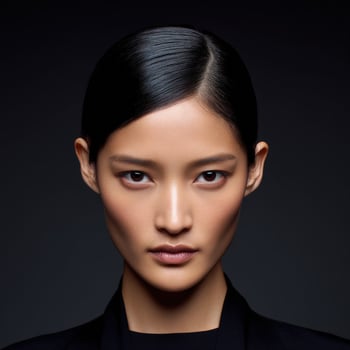 Model's facial features stand out against a dark backdrop photo