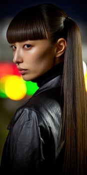 Stylish woman with long hair posing at urban night setting photo