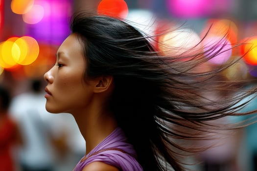 Woman with flowing hair in vibrant city lights at night photo
