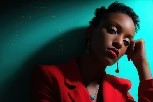A woman in a red suit leaning against a wall photo