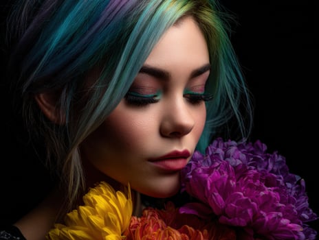 Woman with colorful hair embracing vibrant flowers photo
