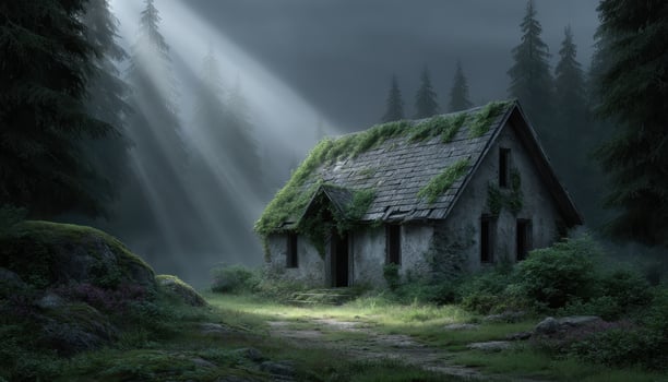Mysterious abandoned farmhouse in misty forest atmospheric landscape photography photo