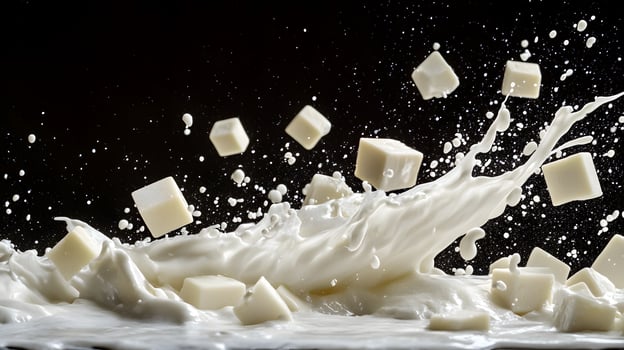 A splash of milk is shown with cubes of cheese photo