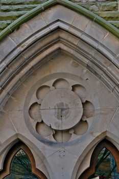 Stone Archway Detail with Floral Rosette in Harrogate, Yorkshire, UK. photo