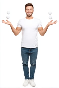 Joyful Young Man Juggling Three White Balls Against White Background photo