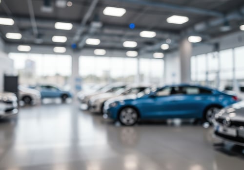 Blurred showroom interior with a row of new cars. Concept for car dealership, auto business, and automotive industry. Modern transportation and consumerism. photo