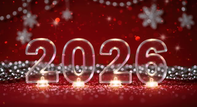 Illuminated 2026 number display on red surface with silver beads and snowflake ornaments. Decorative lights for New Year celebration and festive season greetings. photo
