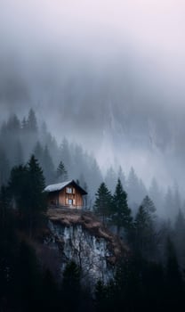 A secluded cabin rests atop a rugged cliff shrouded in ethereal mist and surrounded by dense forest photo