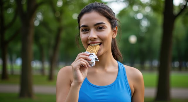 Sporty woman in blue tank top eating a granola bar in the park. Healthy snack for energy and nutrition during outdoor activities. Focus on active lifestyle and wellness. photo