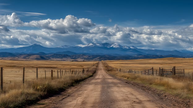 A picturesque dirt road stretches through golden fields towards majestic snow capped mountains photo