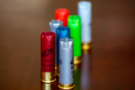 Brazil, May 10, 2025. 12 gauge shotgun shells of various types and colors selective focus photo