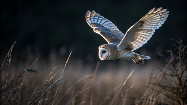 An owl flying over a field of tall grass photo