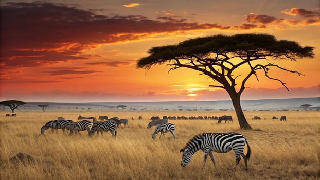 herd of zebras grazing in vast savannah at sunset photo