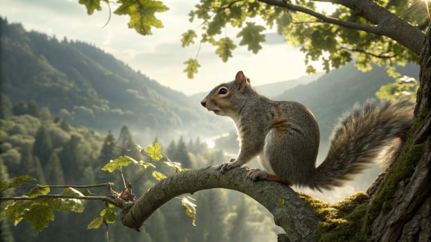 A squirrel is sitting on a tree branch in the forest photo
