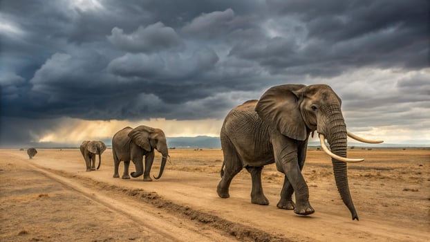 Elephants walking on a dirt road in the middle of a storm photo