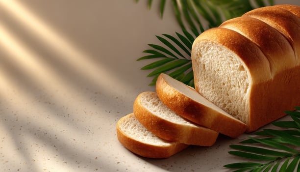 Freshly baked bread arrangement kitchen table food photography serene atmosphere overhead view culinary delight photo