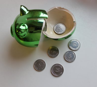 Broken Pig Money Box With Scattered Coins On White Surface photo