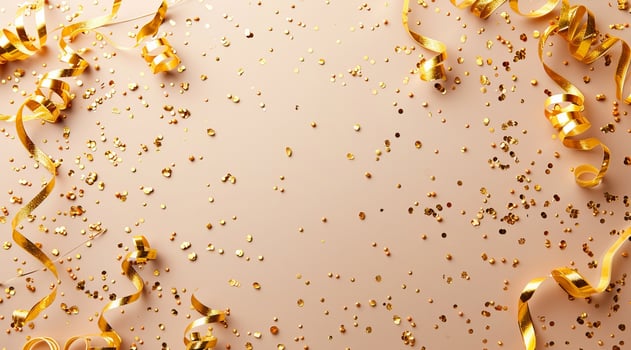 A gold coloured background with gold streamers and gold confetti photo