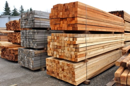 Stacks of square cut lumber drying at a lumber yard photo