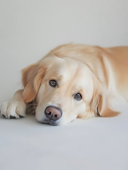 A golden retriever laying down on a white background photo