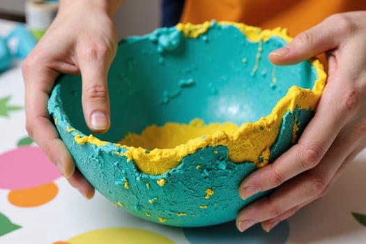 A person is holding a colorful bowl with a yellow and blue color photo