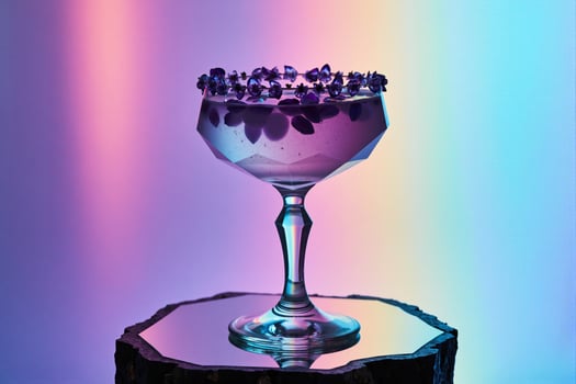 A purple drink with purple flowers in it on a table photo