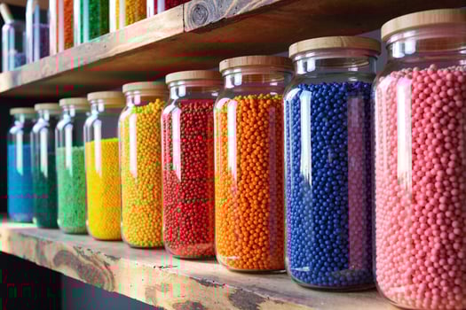 A shelf with jars of colored beads photo