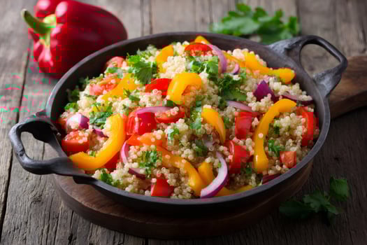 Quinoa salad with roasted vegetables in a cast iron pan photo