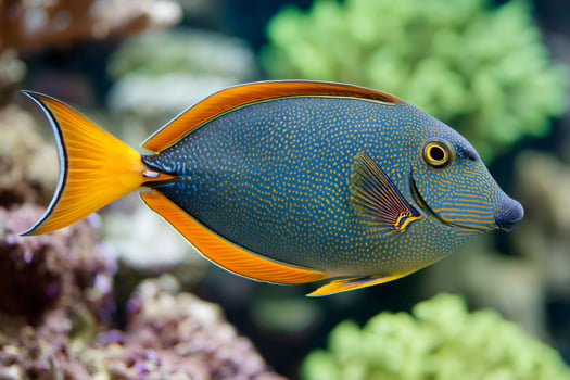 Gem tang or gemmatum tang swimming in aquarium with coral reef photo