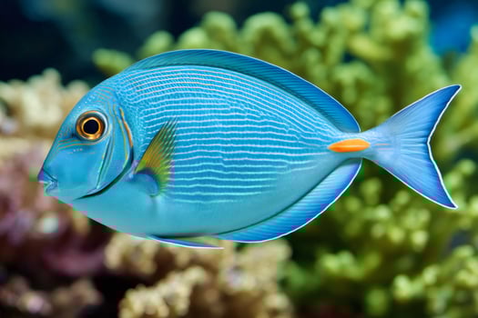 Powder blue tang fish swimming in coral reef aquarium photo