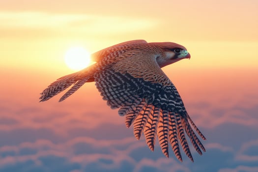 Majestic falcon soaring above colorful clouds at sunrise. photo