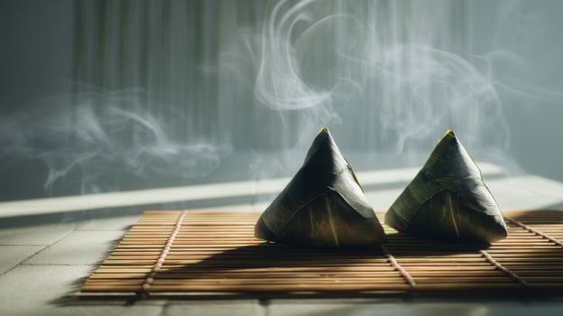 Traditional rice dumplings on bamboo mats photo