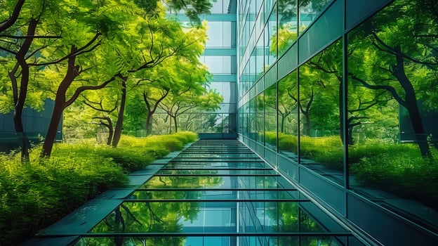 A modern building with a glass facade reflects green trees and natural environment. photo