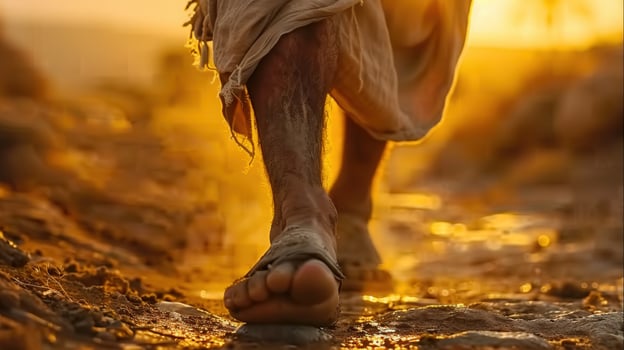 A person's feet walking on a dusty path, bathed in golden sunlight, moving ahead. photo