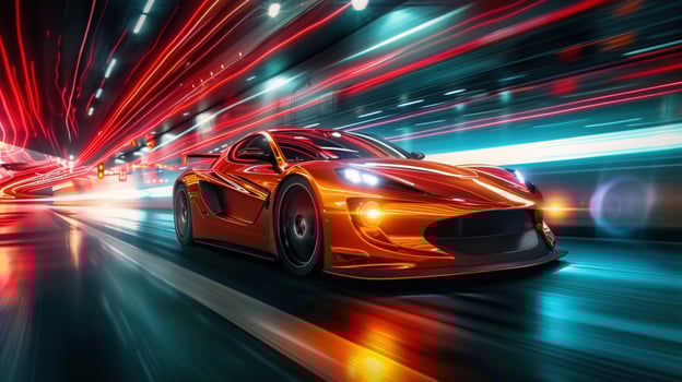 A sleek, vibrant orange sports car races through a tunnel illuminated by dynamic light trails. photo
