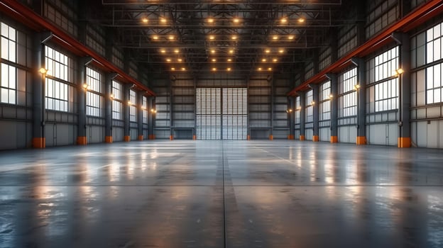 An expansive, empty warehouse interior showcases a sleek industrial design and open, bright spaces. photo