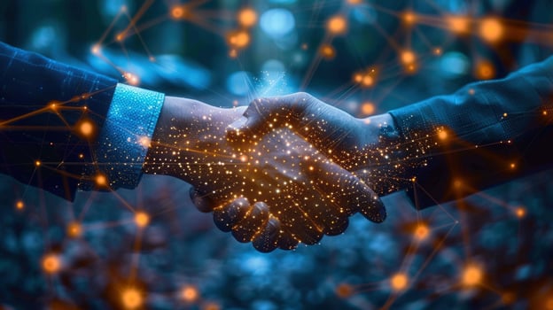 A glowing digital handshake symbolizes business partnership and technological advancements. photo