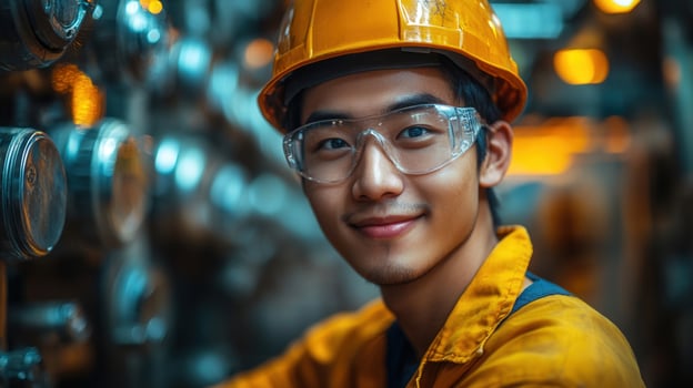 Portrait of a smiling asian male engineer wearing a safety helmet and glasses in a factory. photo