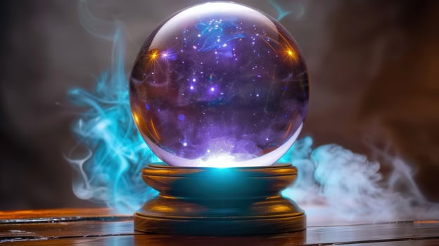 A glowing crystal ball with a universe inside amidst wisps of smoke and mystery. photo