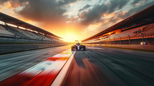 A formula one race car in action at a stunning sunset, the track a blur of speed. photo