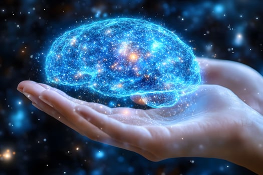 Futuristic Artificial Intelligence Concept with Glowing Brain in Hand photo