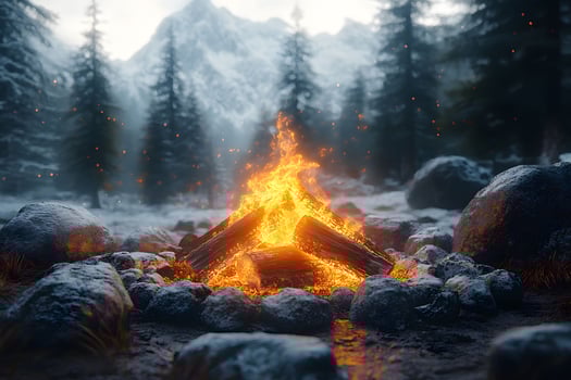 Cozy Campfire in Snowy Mountain Forest - Winter Adventure Scene photo