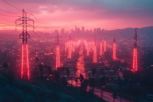 Futuristic Cityscape with Neon Lights and Power Lines at Dusk photo